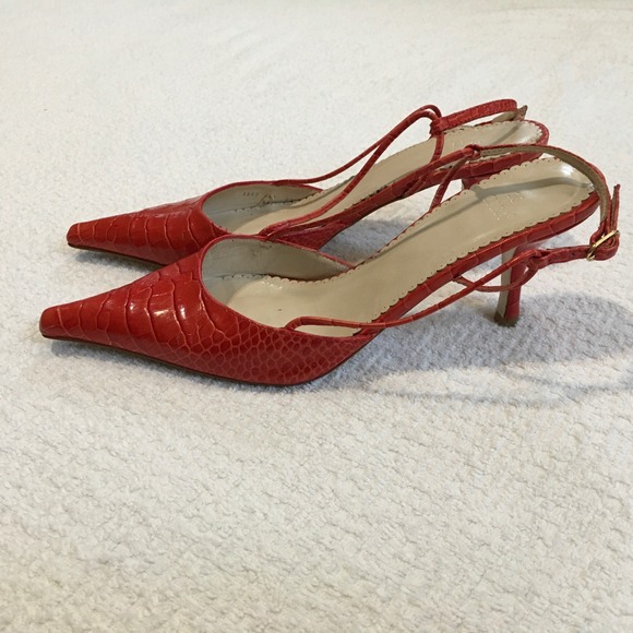 ZARA Women's Red Croc Embossed Slingback Heels Pointed Toe Stiletto Pumps Sz 36 - Picture 2 of 6
